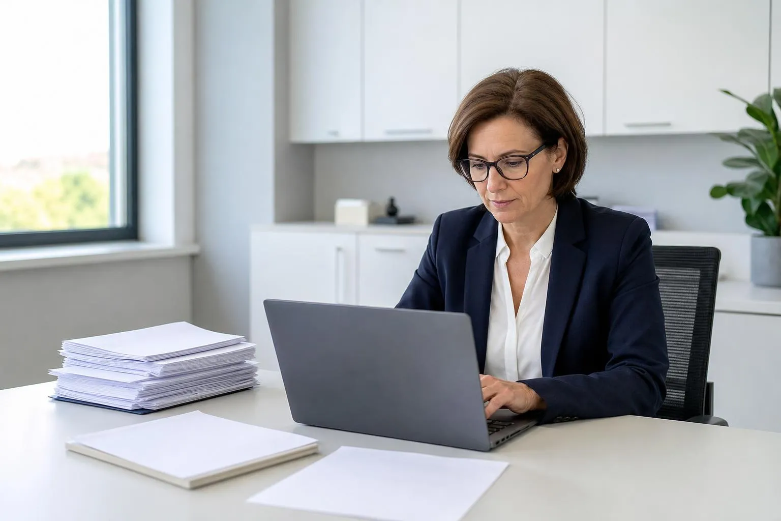 Femme d'affaires concentrée travaillant sur un ordinateur portable dans un bureau.
