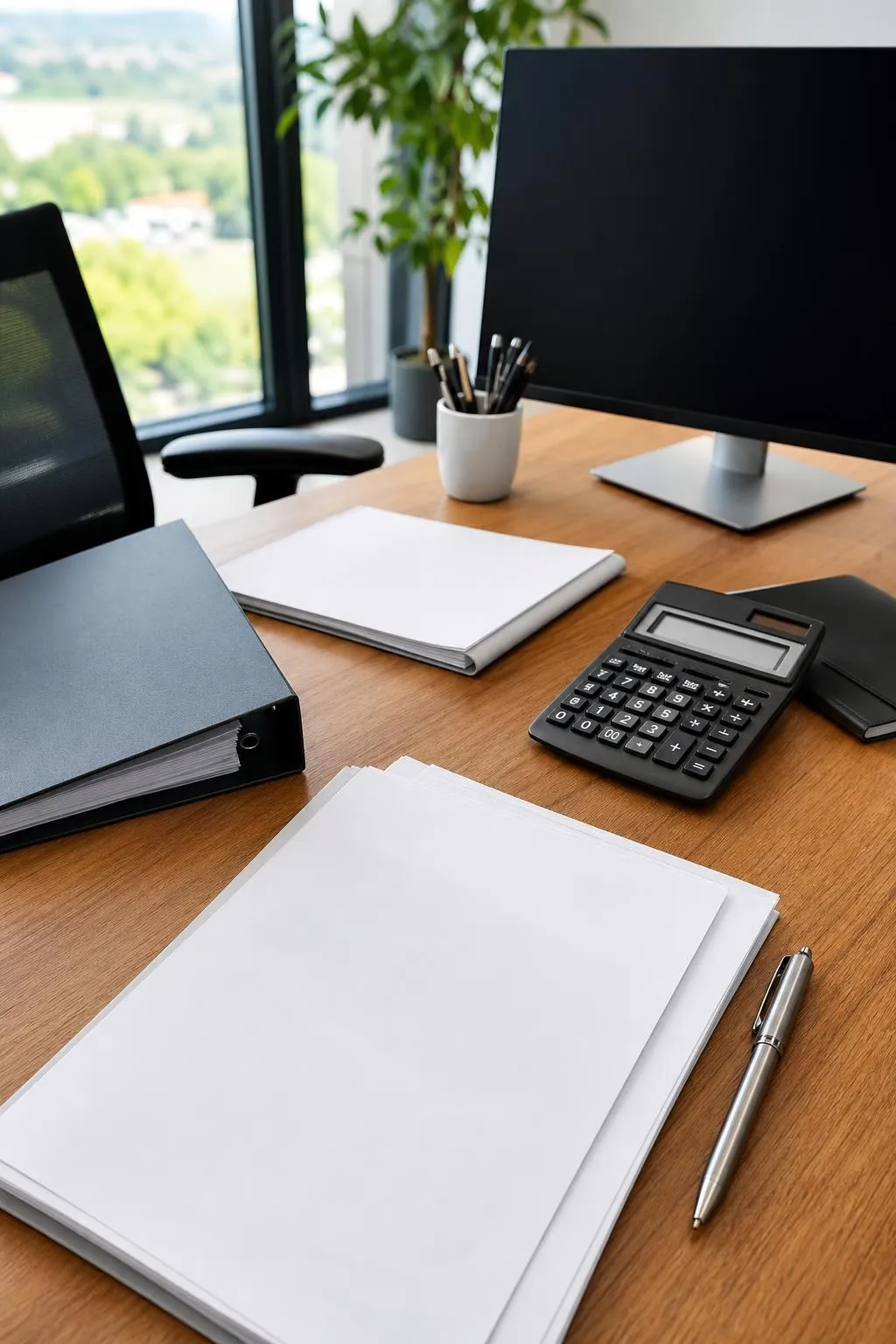 Bureau de travail avec ordinateur, calculatrice, papiers et stylo.