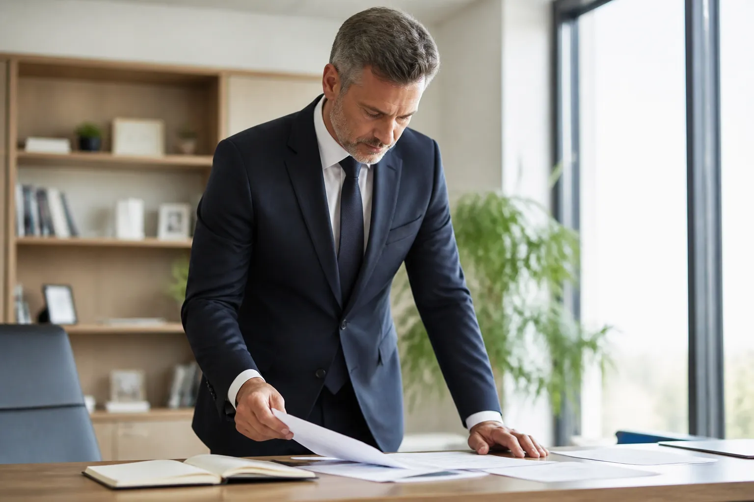Homme d'affaires sérieux examinant des documents dans son bureau.