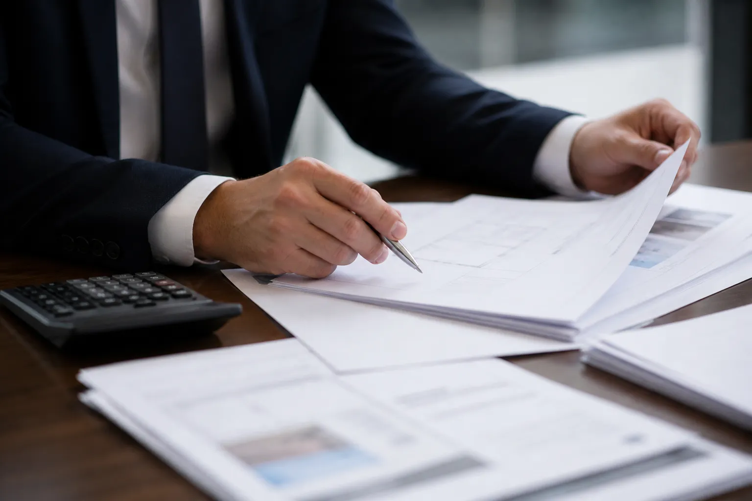Mains d'un homme d'affaires examinant des documents sur un bureau.