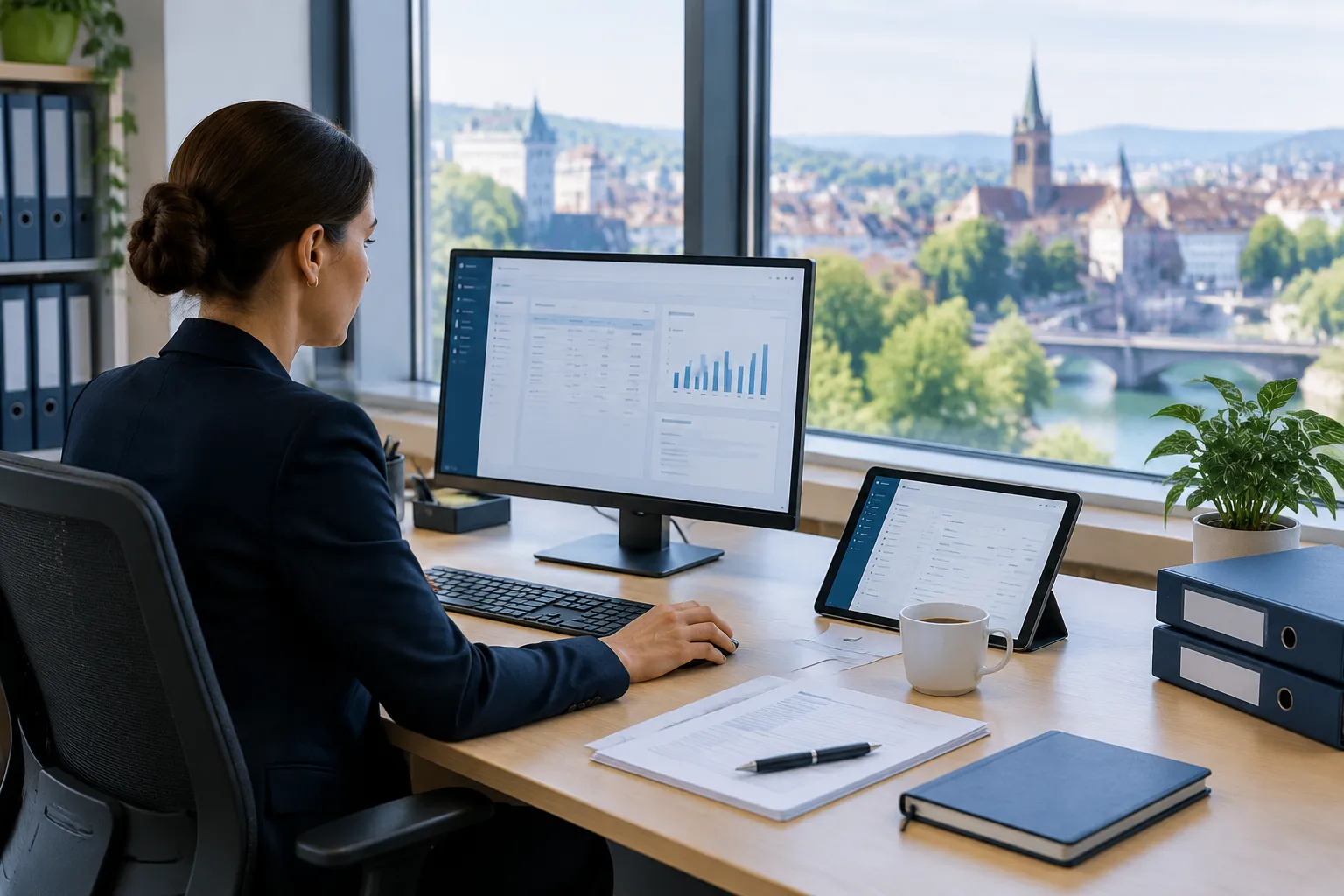 Femme d’affaires travaillant devant un écran, vue urbaine panoramique.