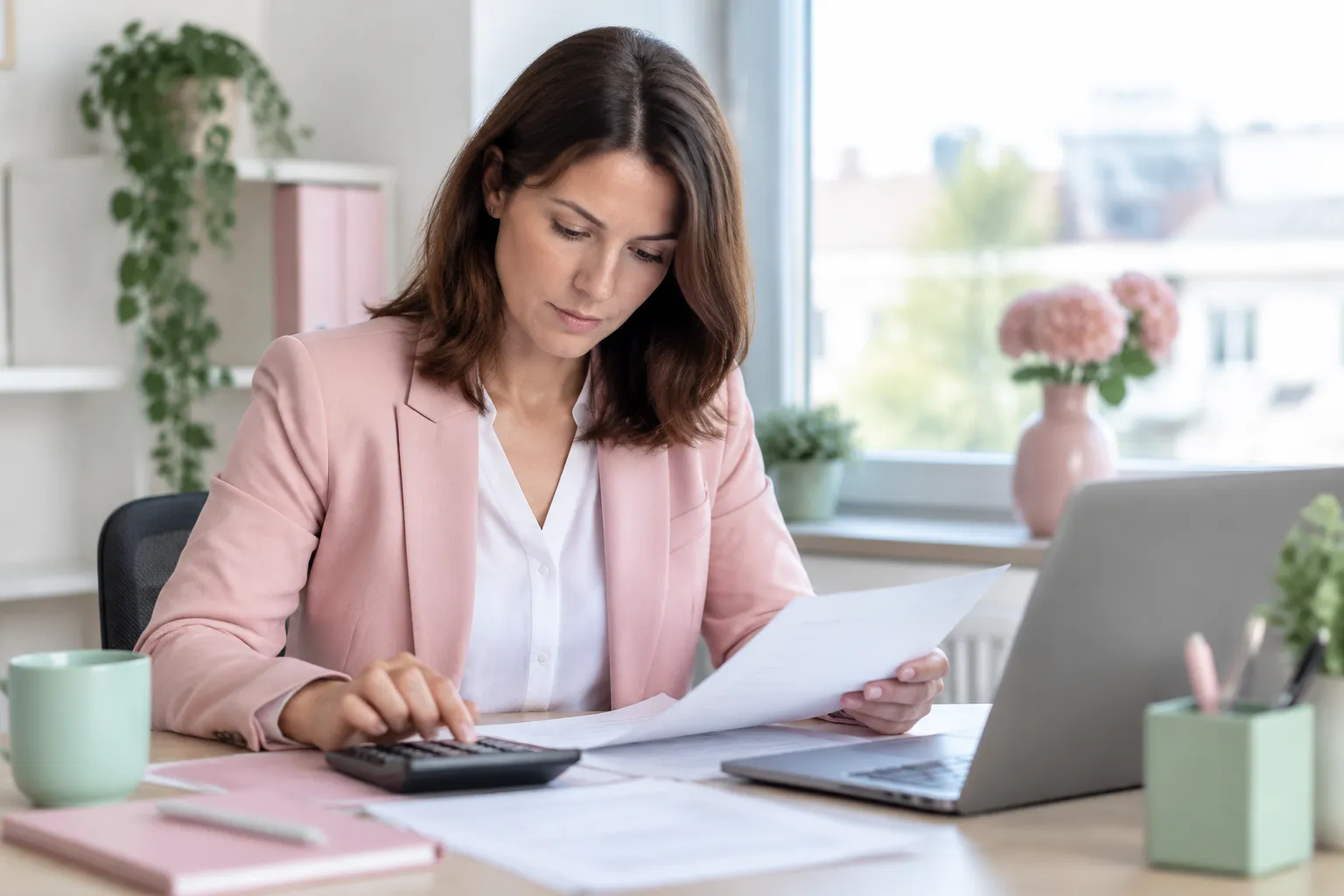 Femme calculant ses finances à domicile avec documents et ordinateur portable