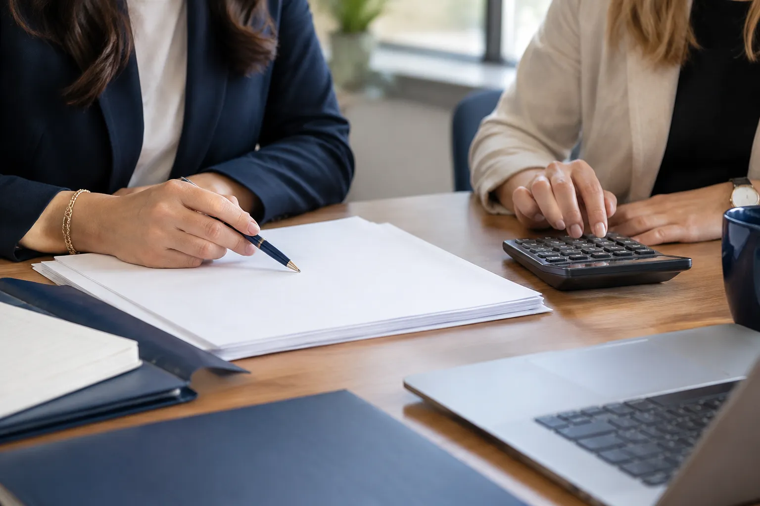 Deux collègues examinent des documents avec calculatrice et ordinateur portable