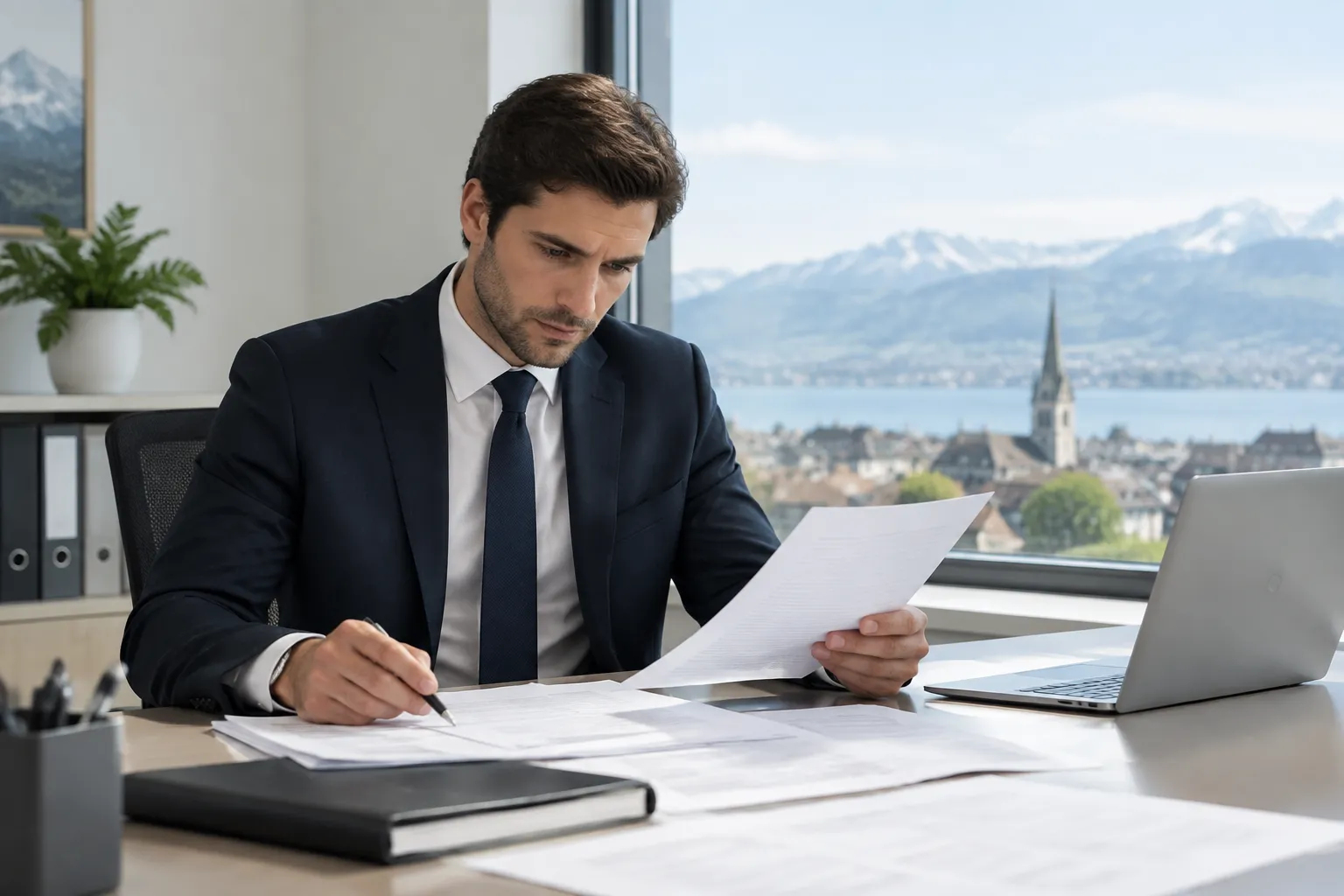 Homme d'affaires concentré examinant des documents dans un bureau avec vue sur la ville.