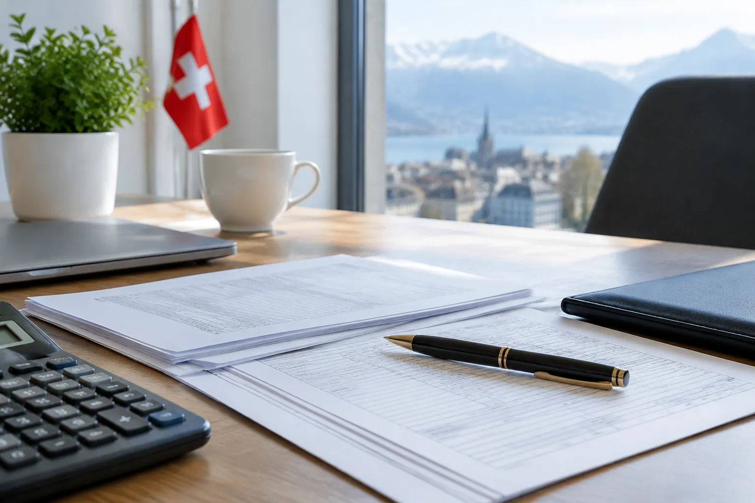 Bureau de travail avec documents, calculatrice et drapeau suisse.