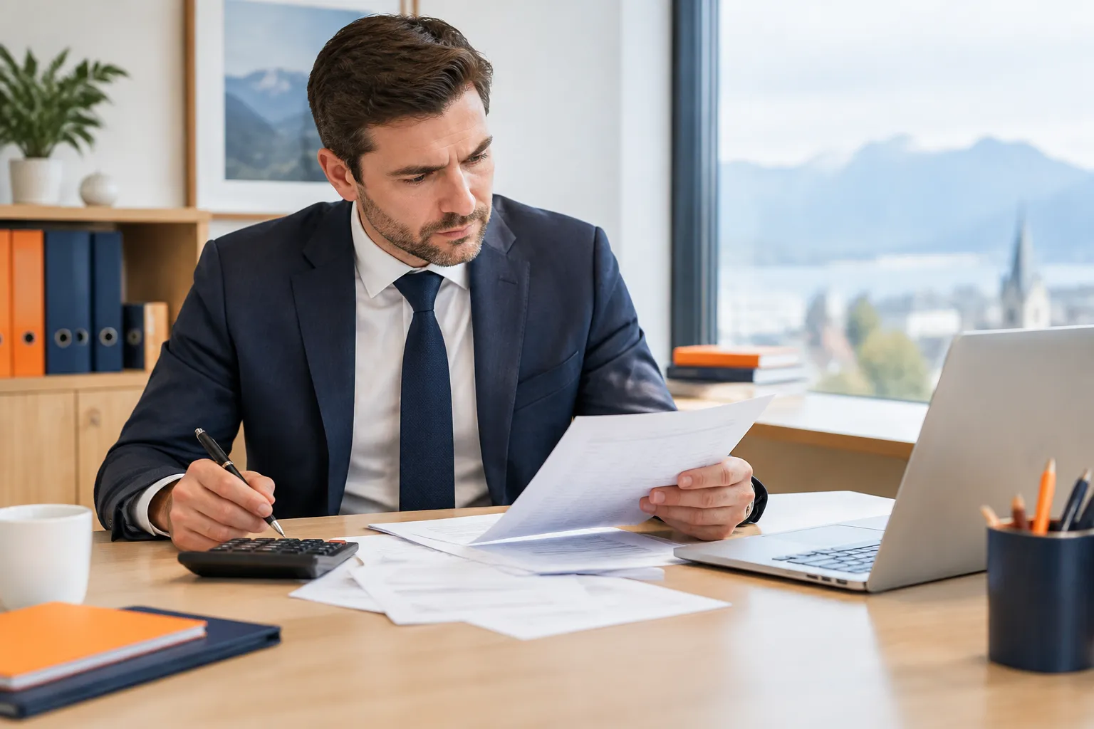 Homme d’affaires examinant des documents, calculatrice et ordinateur portable.