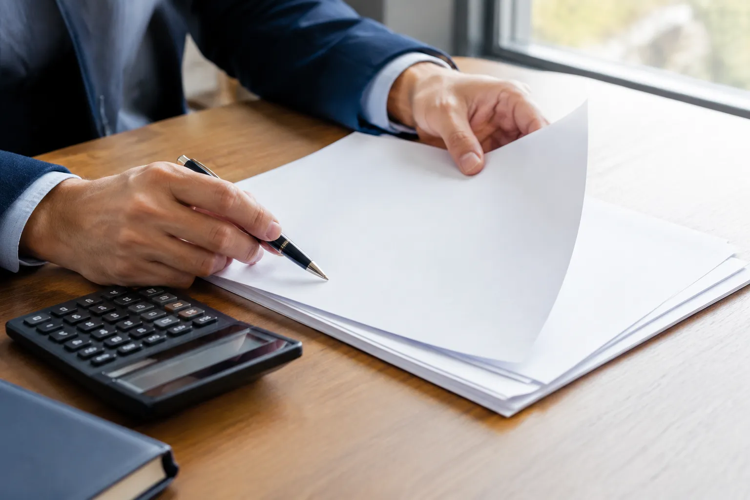 Homme signant des documents avec calculatrice sur bureau en bois
