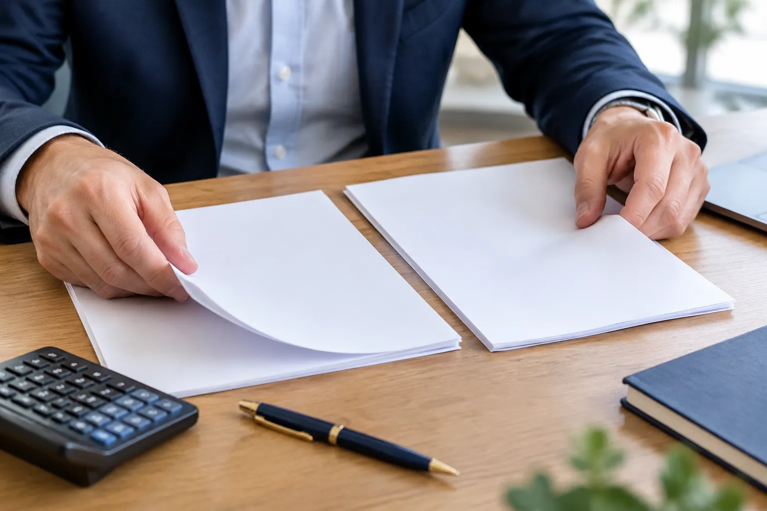 Homme d’affaires examinant des documents sur un bureau en bois