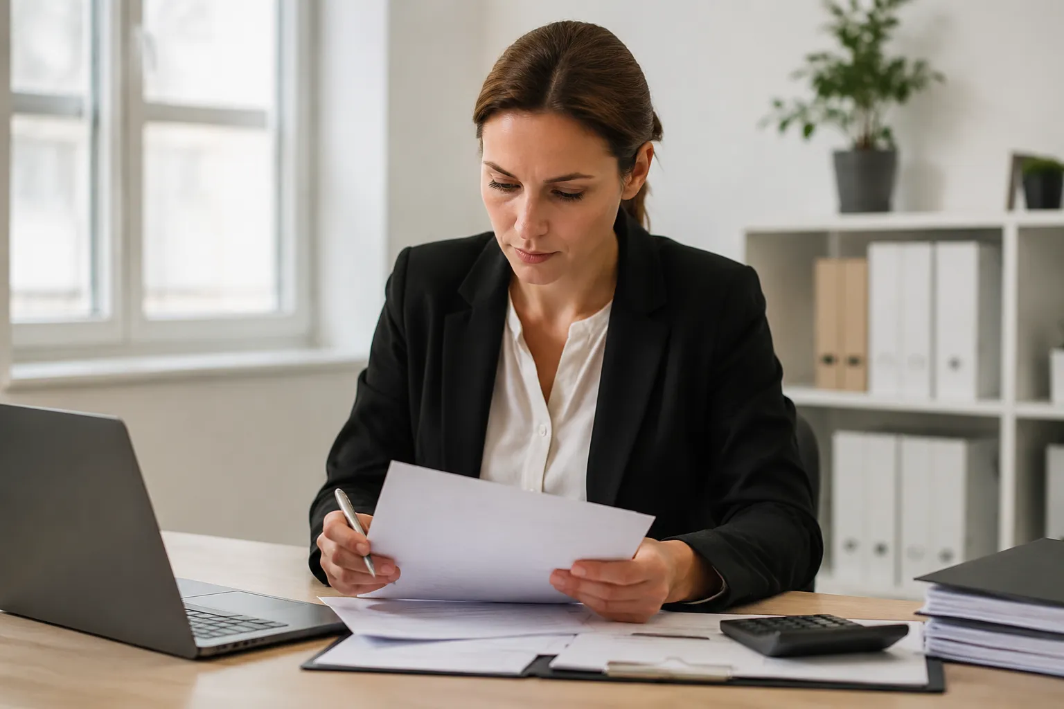 Femme d'affaires concentrée examinant des documents sur son bureau.