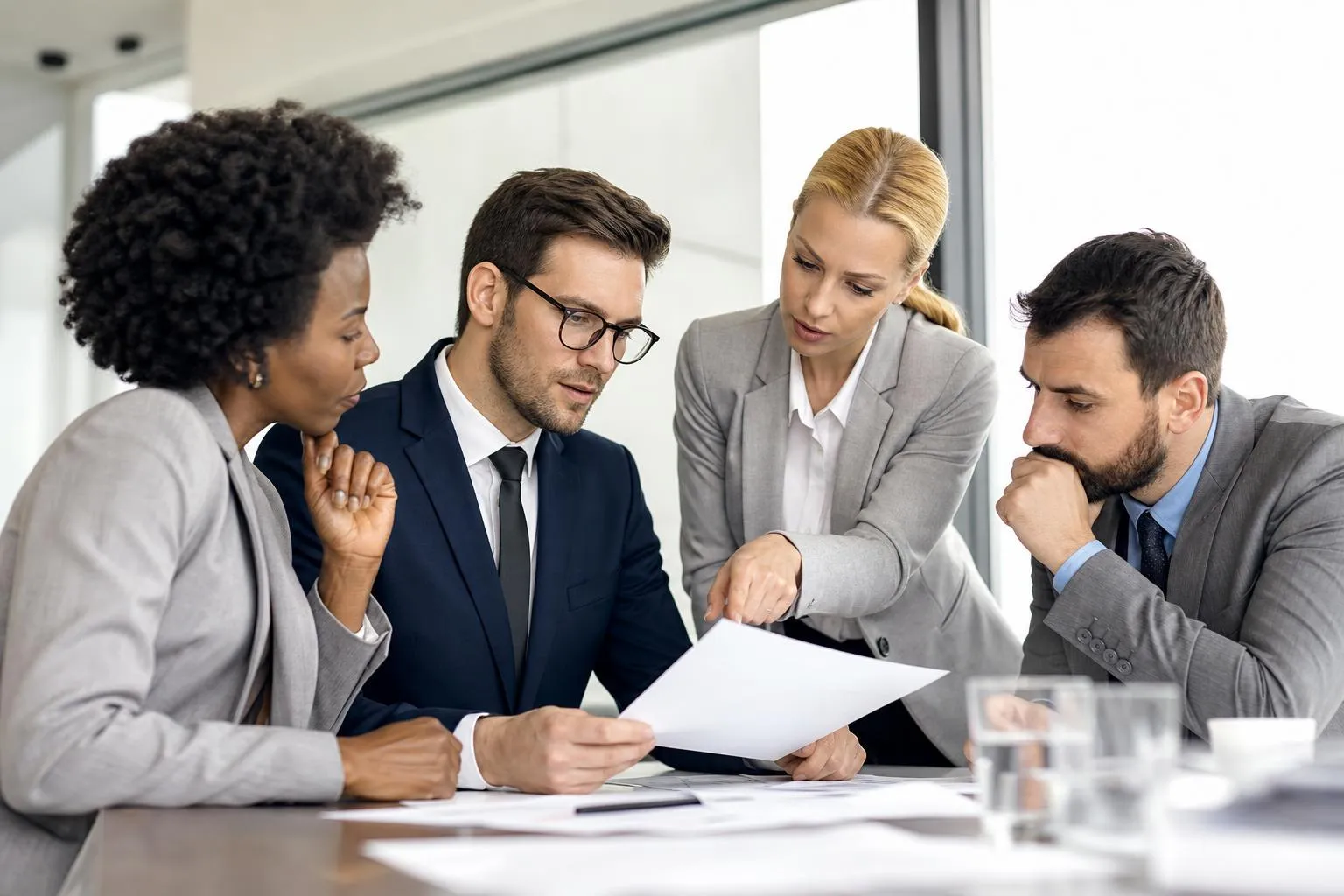 Réunion d'affaires avec des professionnels discutant des documents.