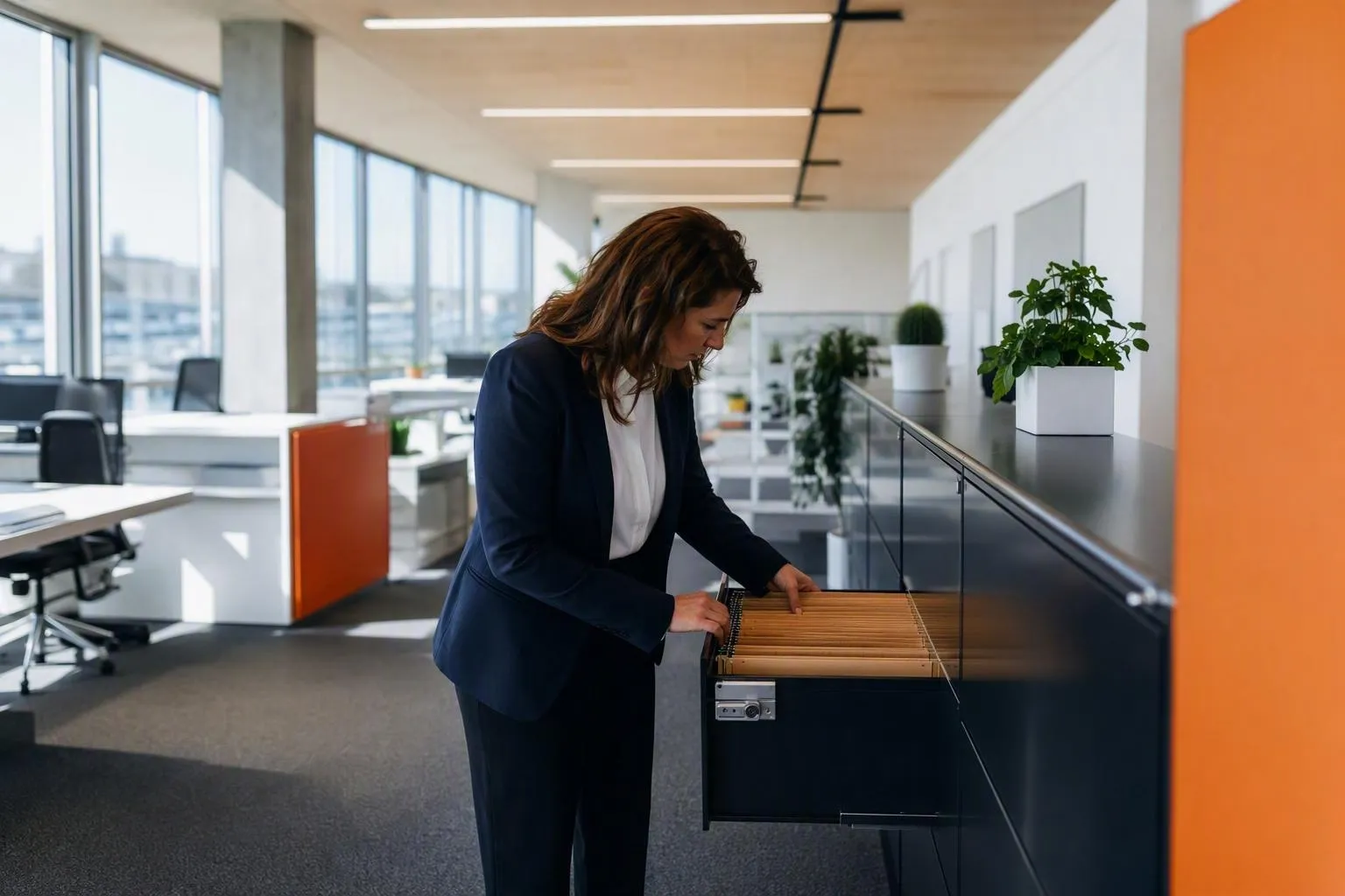 Femme en tailleur ouvre un coffre en bois au bureau