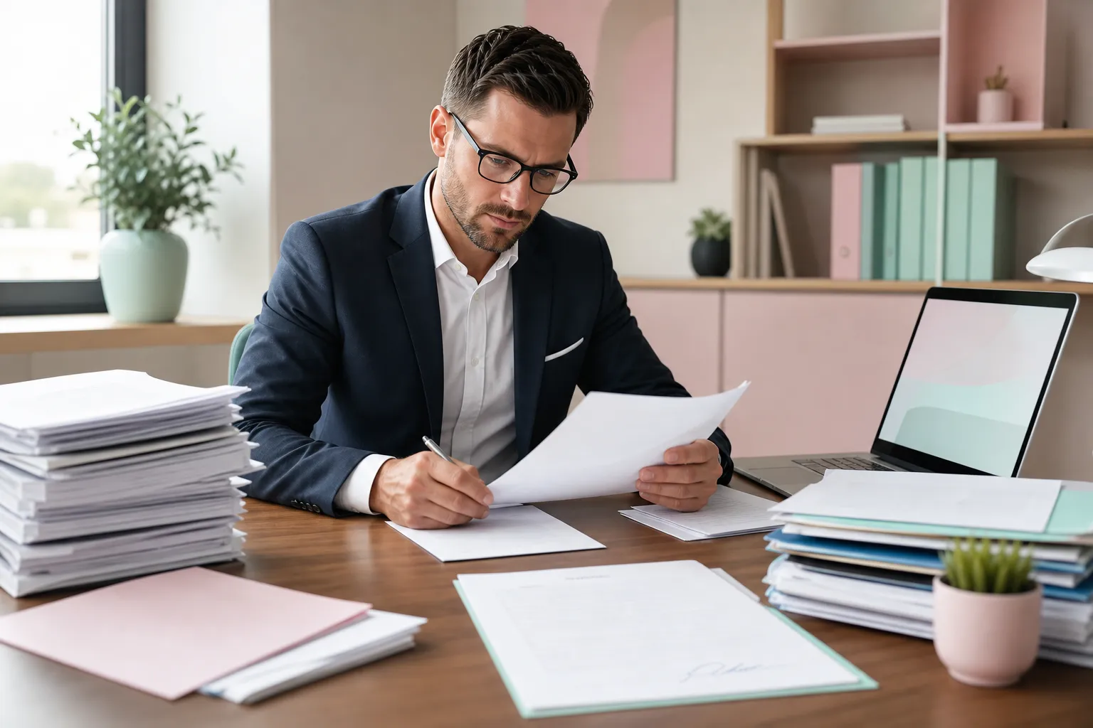 Homme d'affaires concentré travaillant sur des documents dans son bureau.