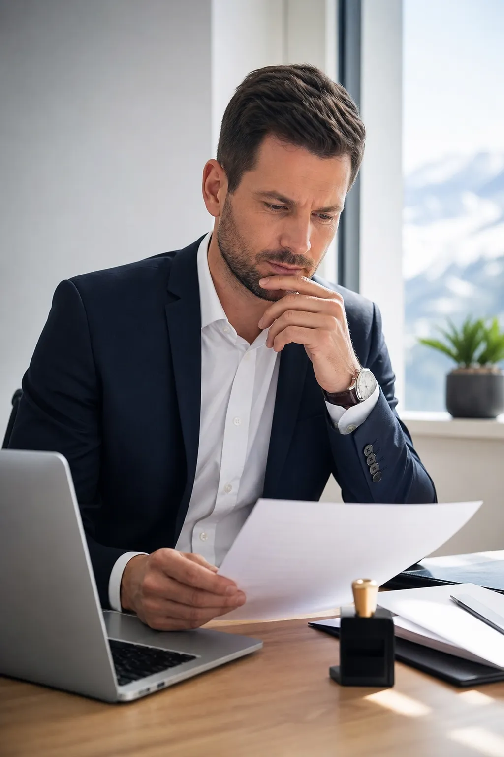 Homme d'affaires réfléchissant dans son bureau avec ordinateur portable.