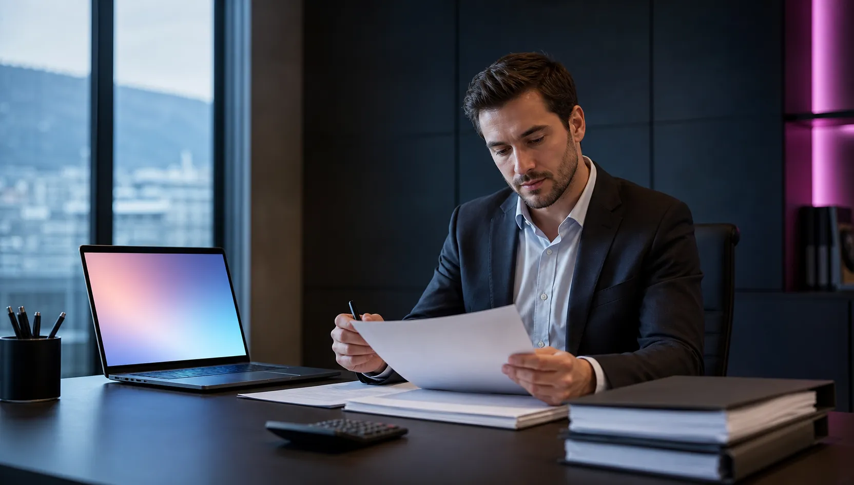 Homme d'affaires concentré travaillant tard dans son bureau.