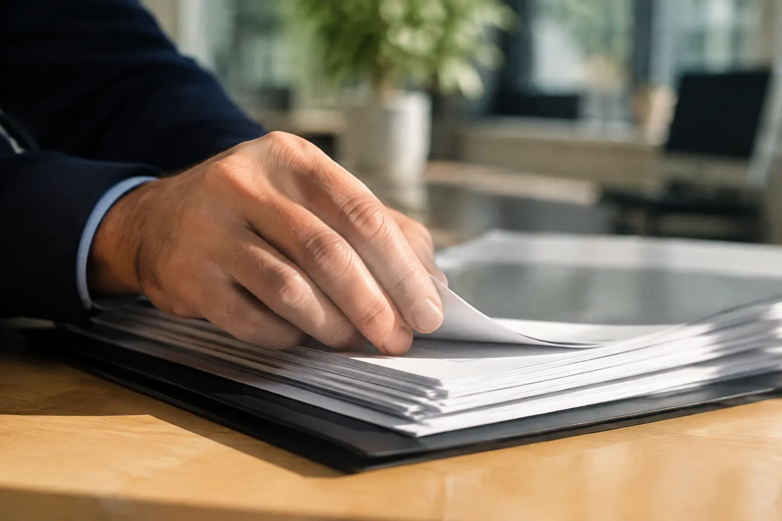 Main d'homme en costume feuilletant des documents sur un bureau.