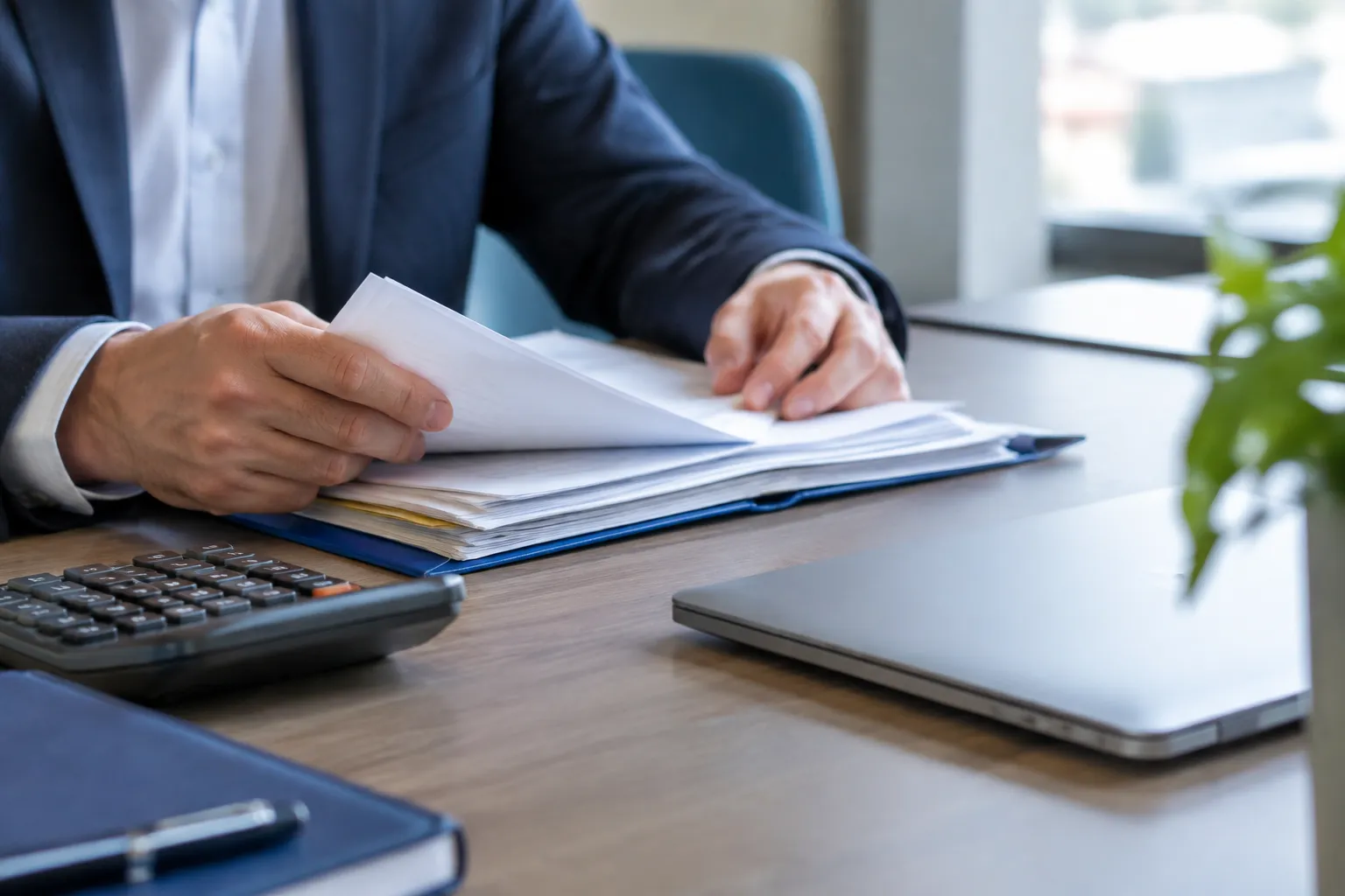 Homme en costume examinant des documents au bureau, calculatrice et ordinateur portable.