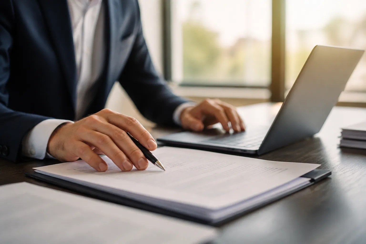 Homme d'affaires travaillant sur un ordinateur portable et des documents.