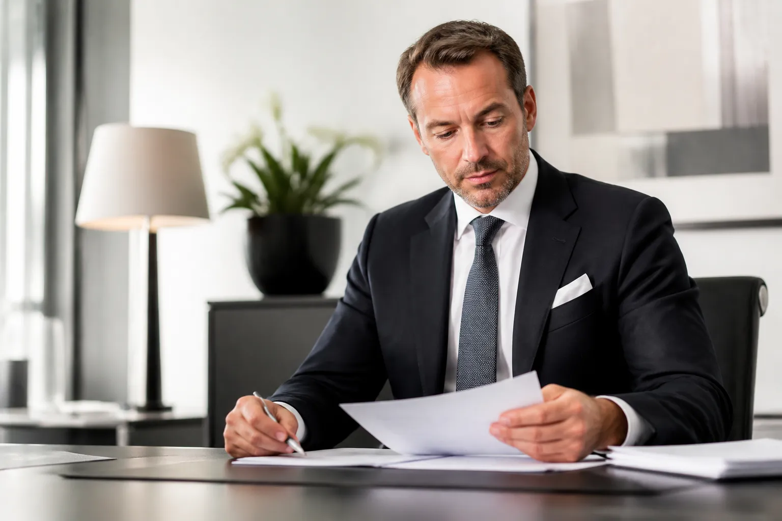 Homme d'affaires concentré examinant des documents sur son bureau.