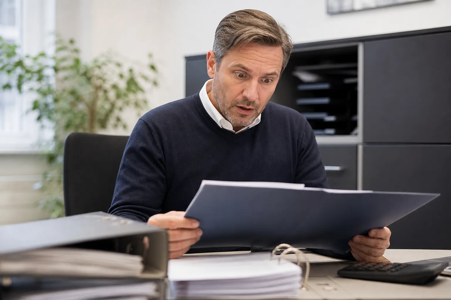 Homme d'affaires concentré examinant des documents sur son bureau.