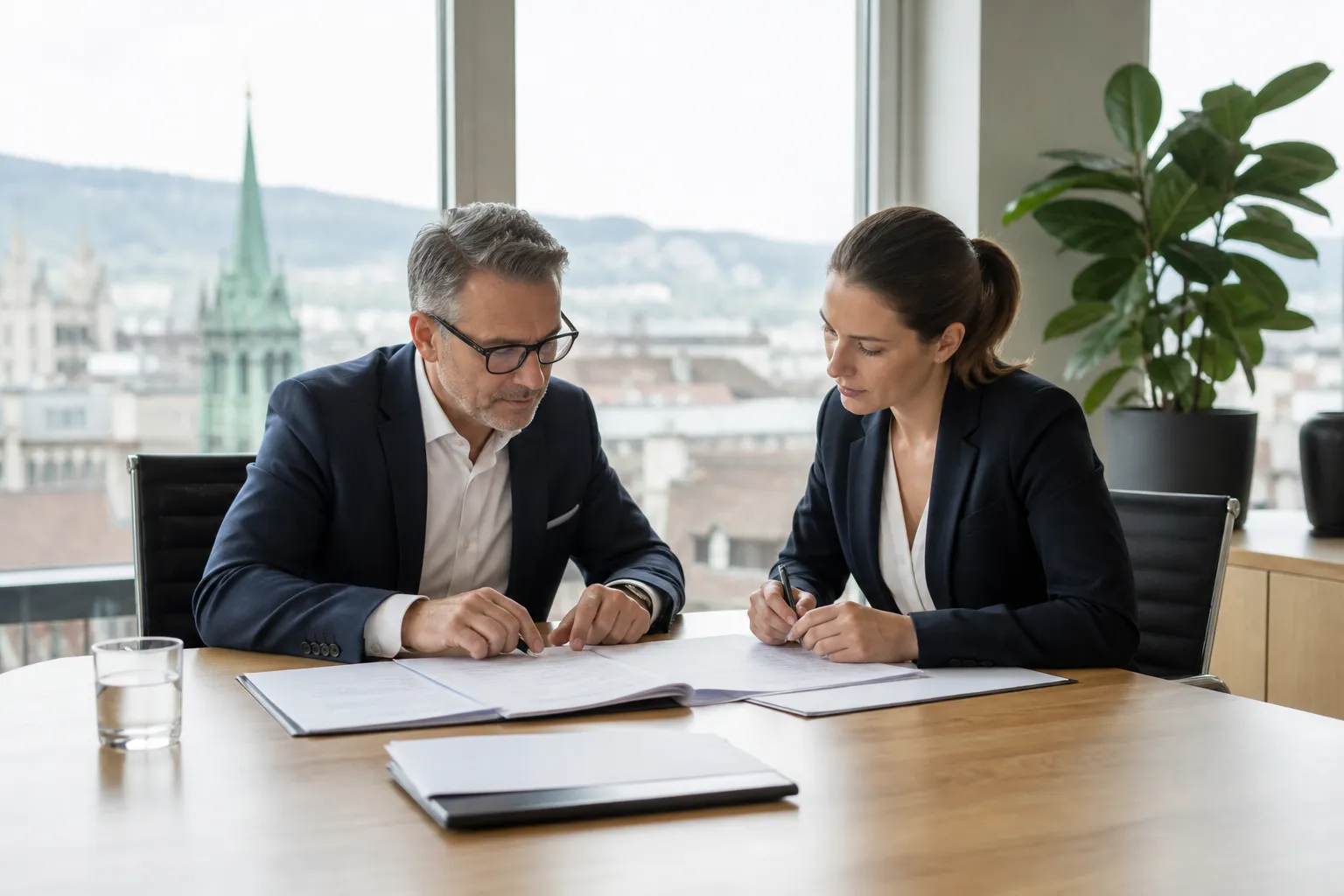 Deux professionnels en costume discutant de documents sur un bureau avec une vue panoramique de la ville.