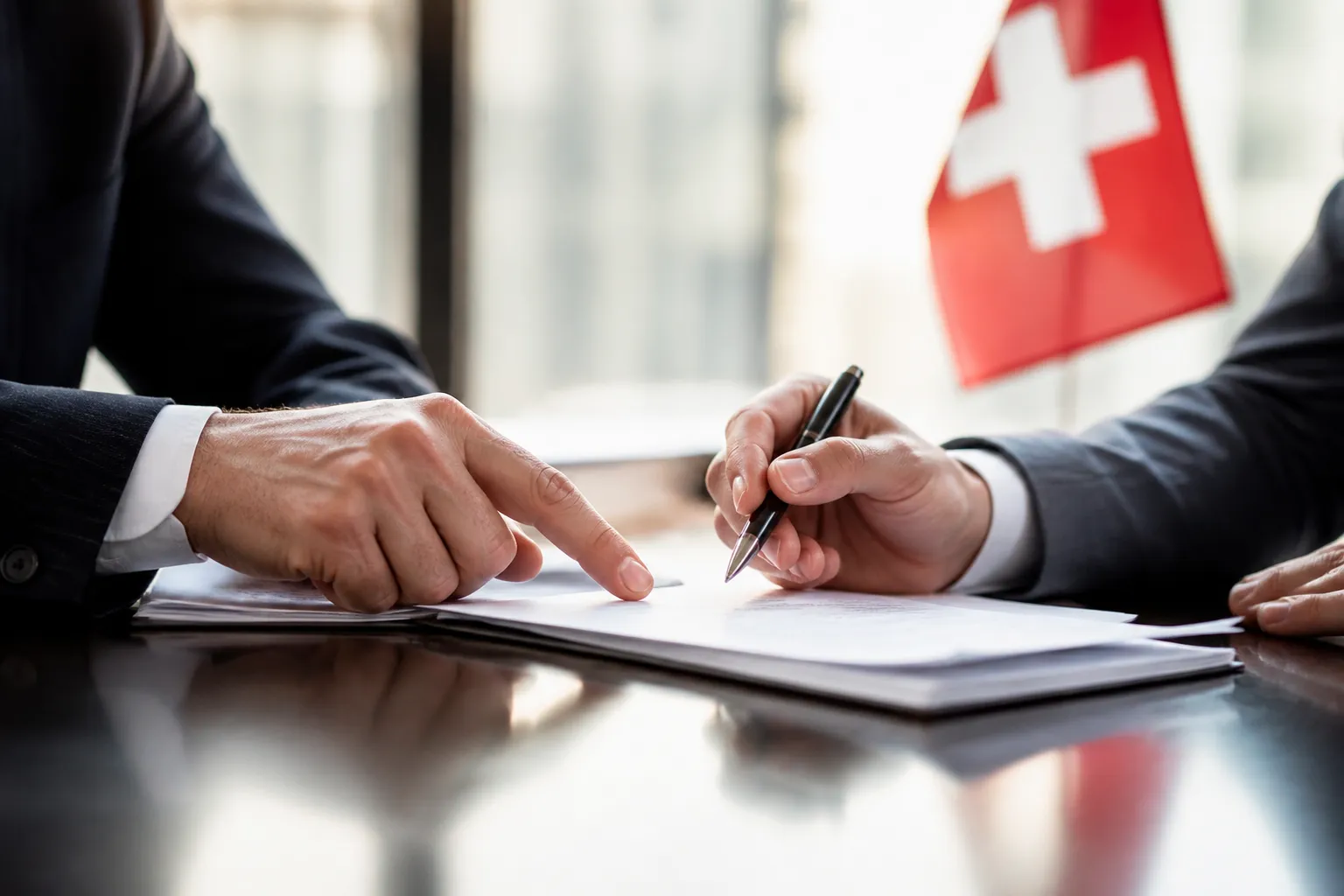 Signature de documents commerciaux avec drapeau suisse à l'arrière-plan.