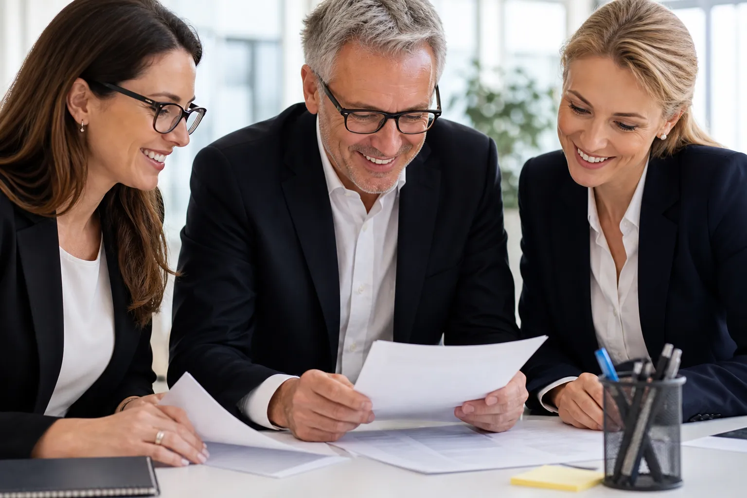 Trois professionnels en costume examinant attentivement des documents.