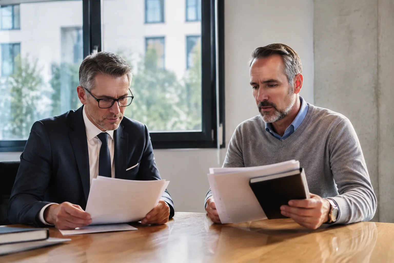 Expert-comptable et gestionnaire de fiduciaire discutant dossiers dans une salle de réunion.
