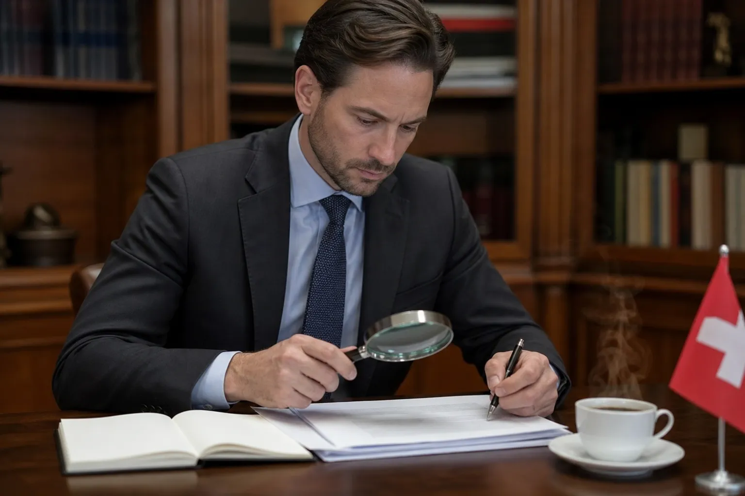 Entrepreneur suisse examinant des documents fiscaux à son bureau.