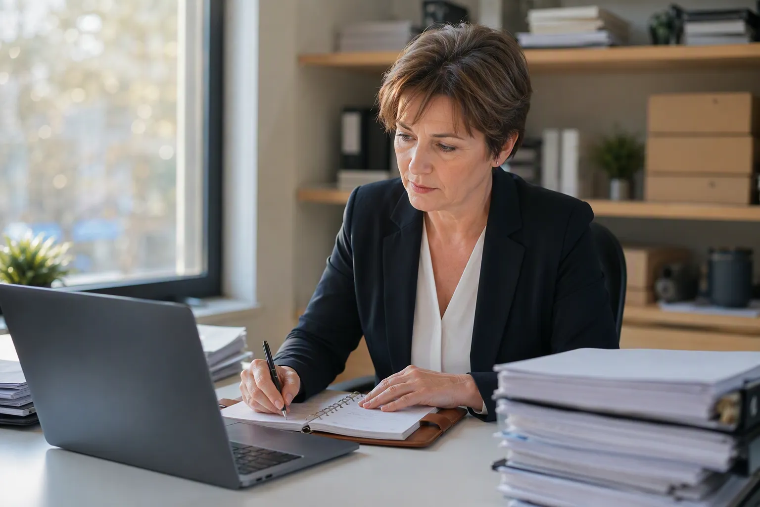 Comptable PME sécurisant données comptables avec carnet, ordinateur et dossiers financiers.