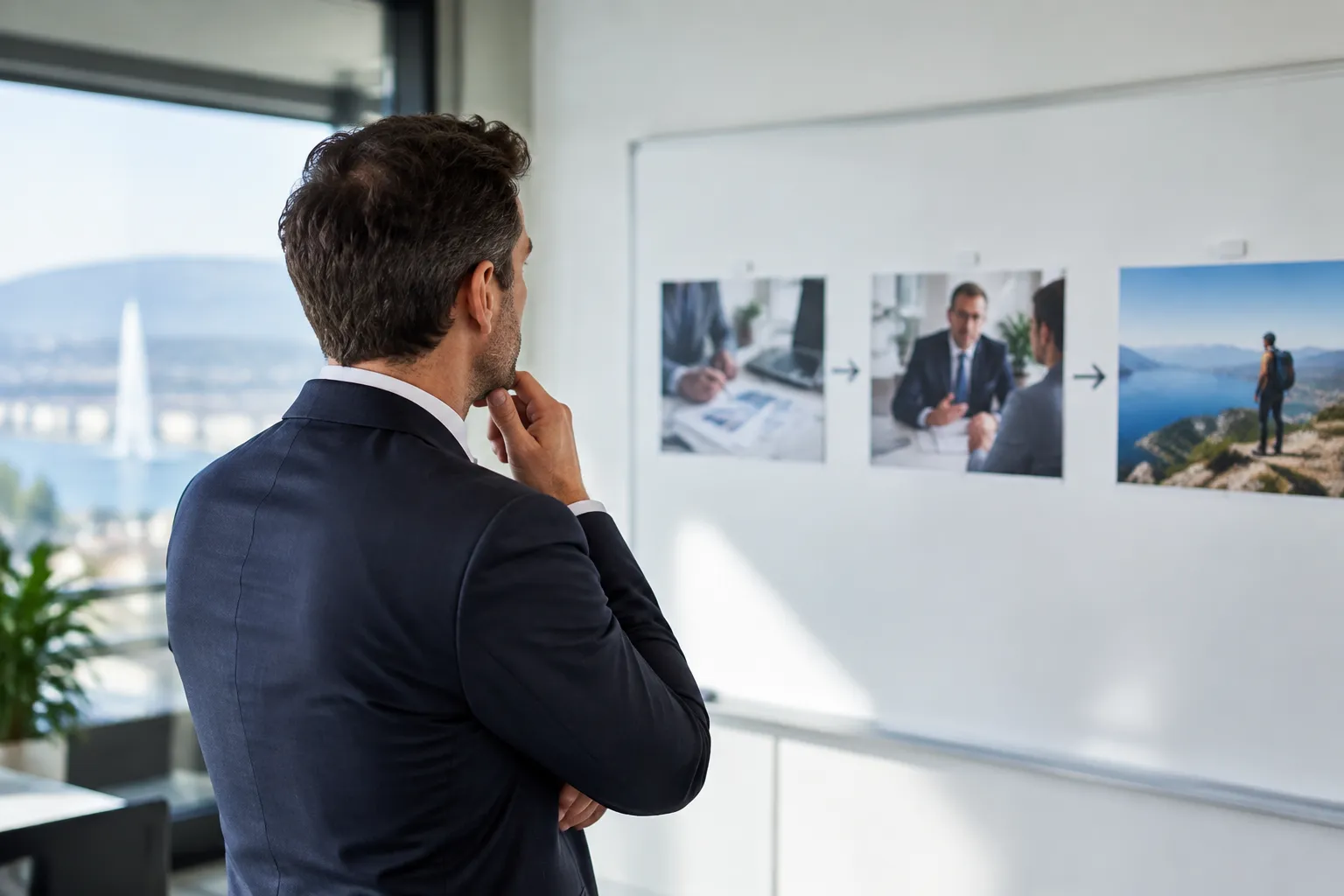 Entrepreneur suisse examinant tableau d’étapes fiduciaires dans un bureau moderne à Genève.