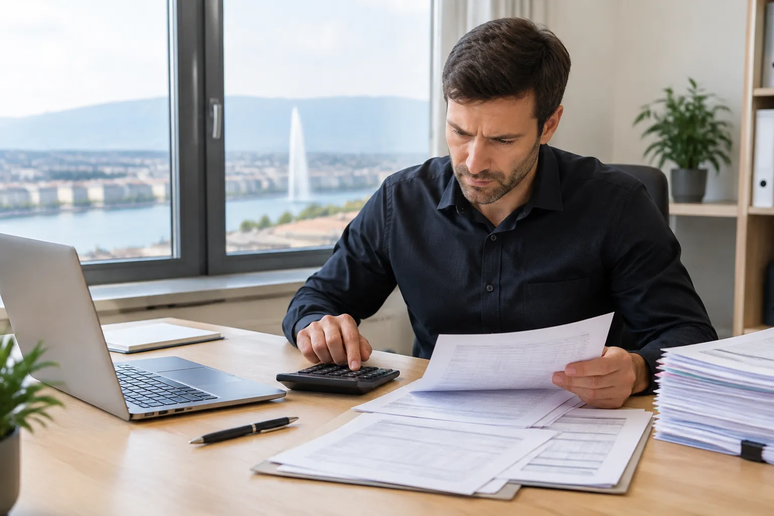 Entrepreneur PME à Genève calcule les impôts avec un calculateur et documents fiscaux.