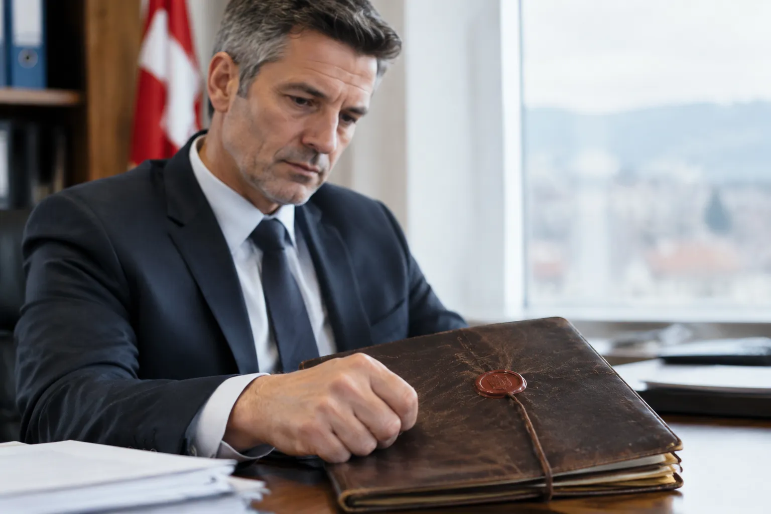 Expert comptable suisse examinant un registre fiscal en cuir.