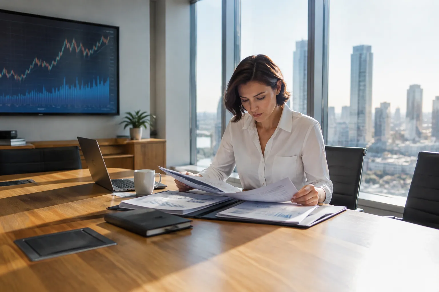 Femme analyse un bilan comptable sur bureau, lumière naturelle éclairant le tableau de chiffres.
