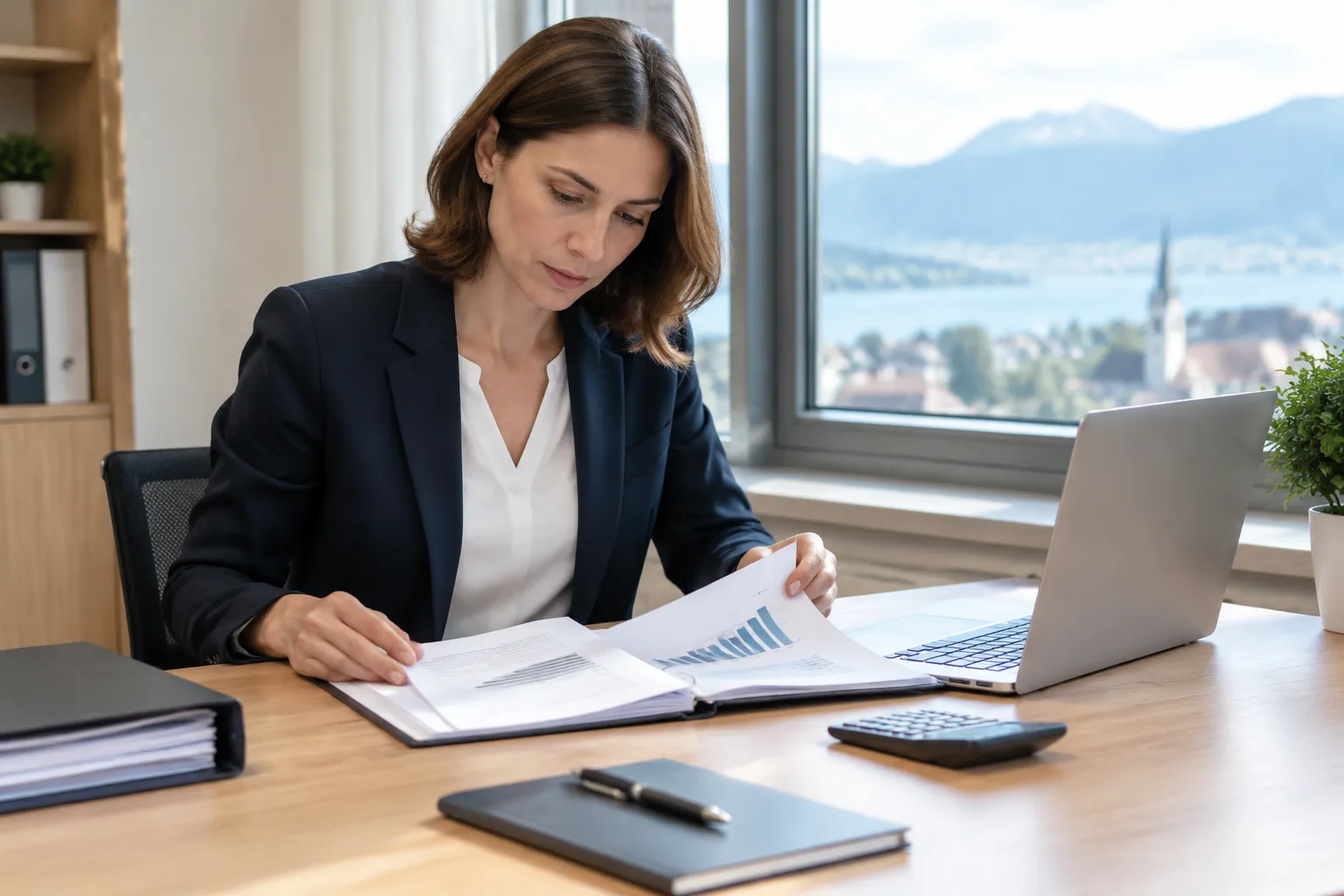 Femme entrepreneur suisse examinant un dossier fiscal et un ordinateur portable dans un bureau lumineux.
