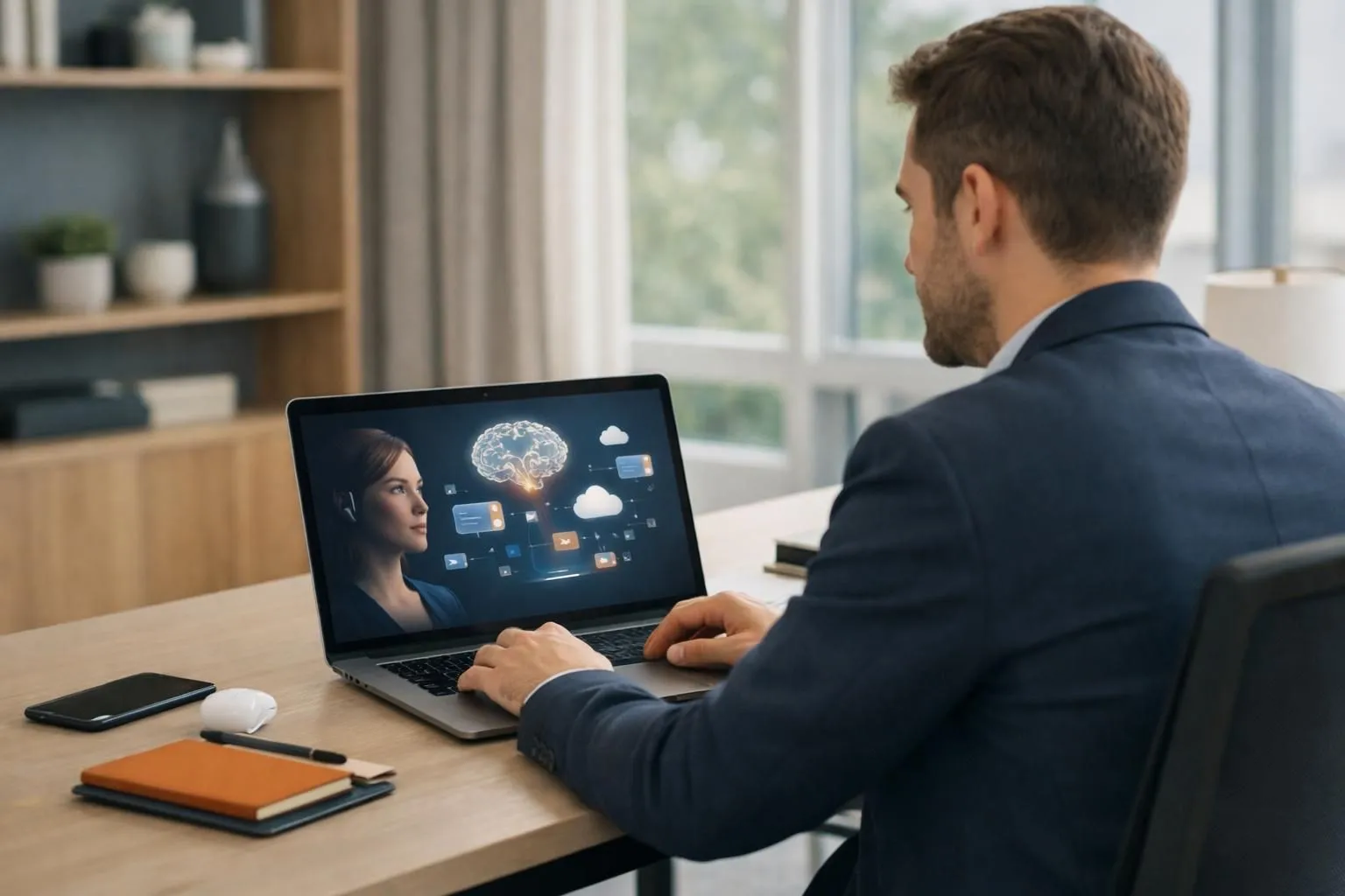 Professional small business owner sitting at modern desk with laptop displaying AI-powered website interface, digital elements floating around screen showing automated design suggestions, clean contemporary office environment with natural lighting