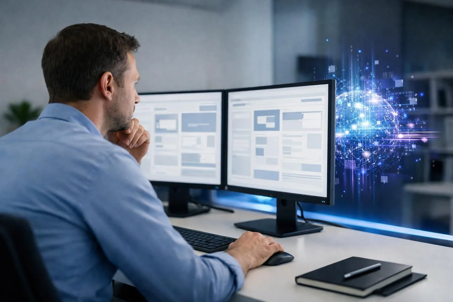 Dashboard interface showing AI processing website elements with flowing data streams, business owner analyzing digital wireframes on modern screen, clean professional office environment with blue accent lighting, realistic photography style