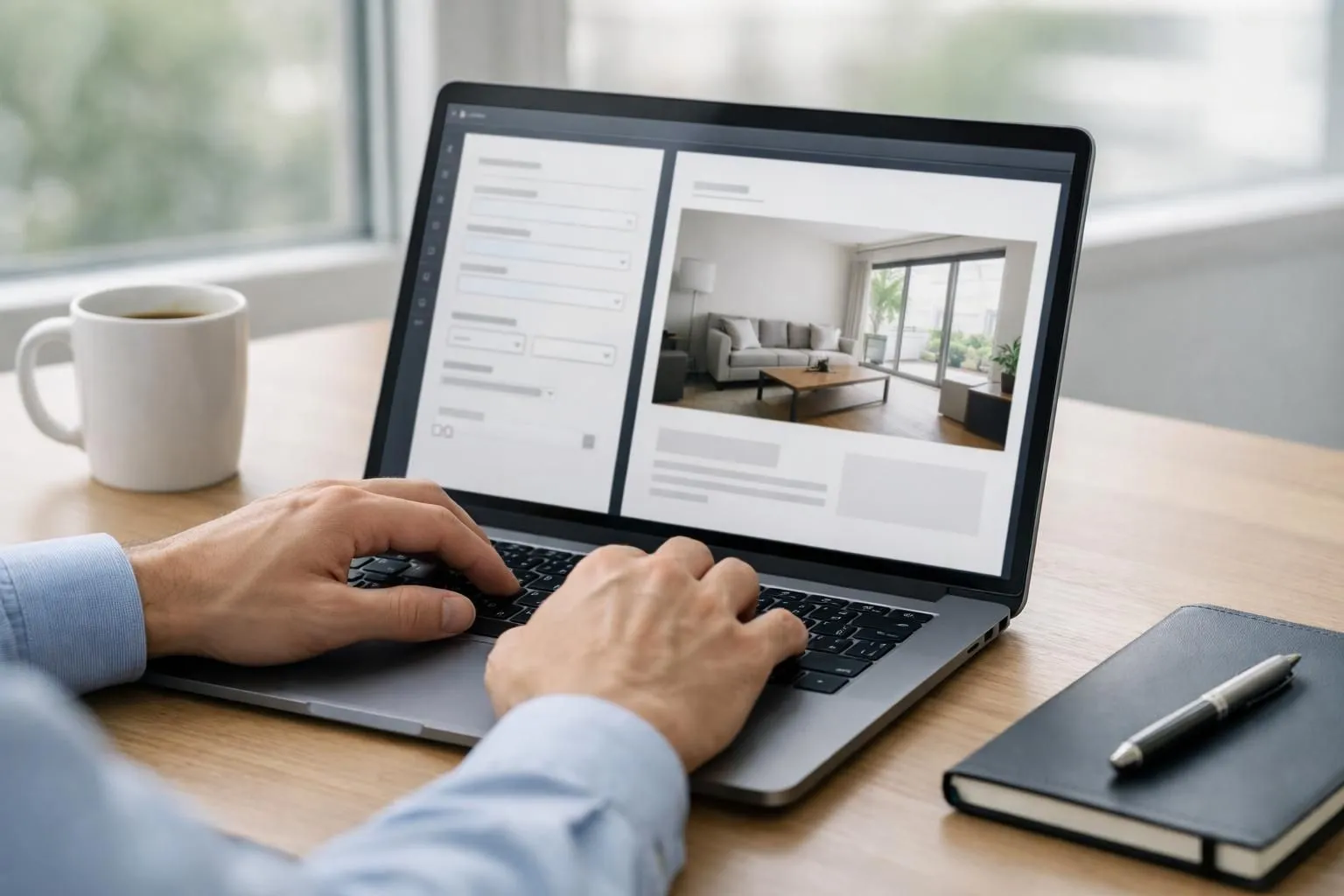 Modern laptop displaying four-step website creation workflow on screen, with AI interface showing business form input transforming into live website preview, entrepreneur's hands typing, clean desk setup with coffee cup, natural lighting from window