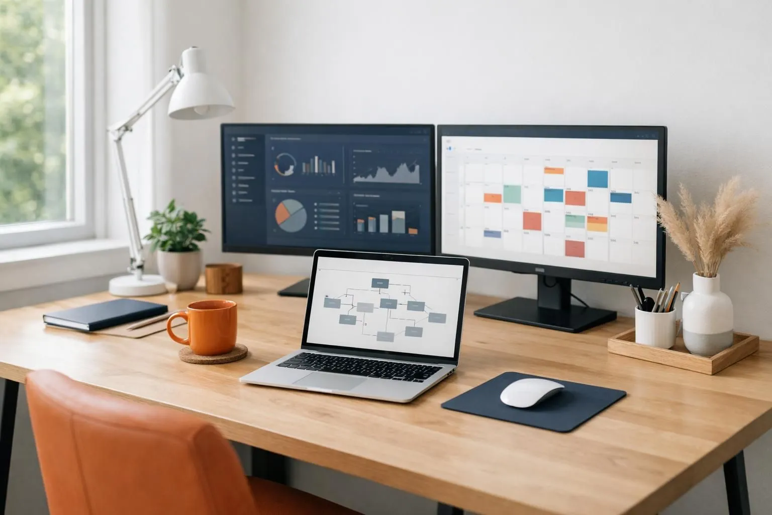Professional content creator at modern desk with dual monitors displaying AI scheduling dashboard and content calendar, natural lighting from window, laptop showing automated blog workflow interface, clean workspace with coffee cup and notebook
