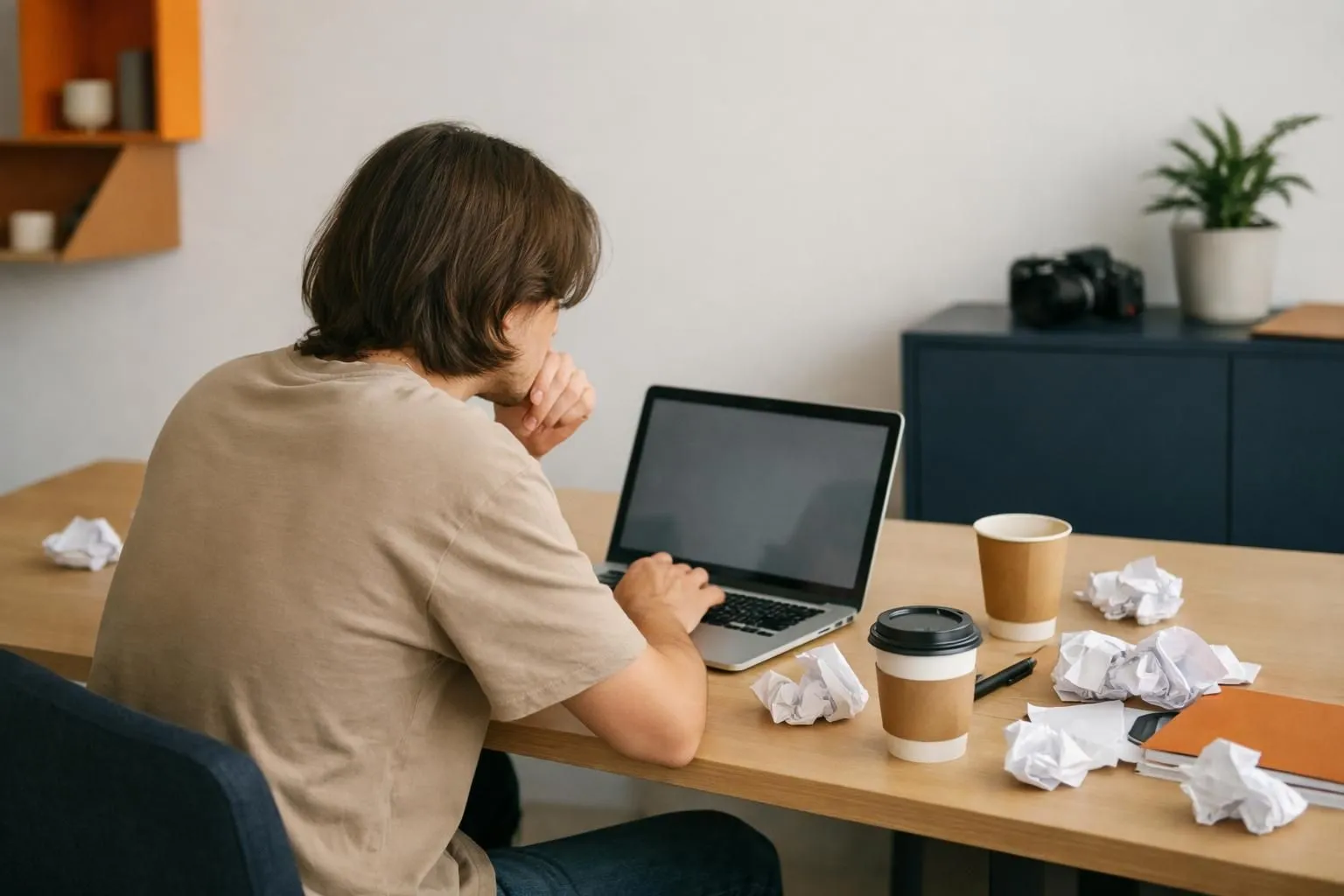 Content creator looking frustrated at laptop screen showing low analytics numbers, surrounded by crumpled notes and coffee cups in modern office, representing content marketing struggles