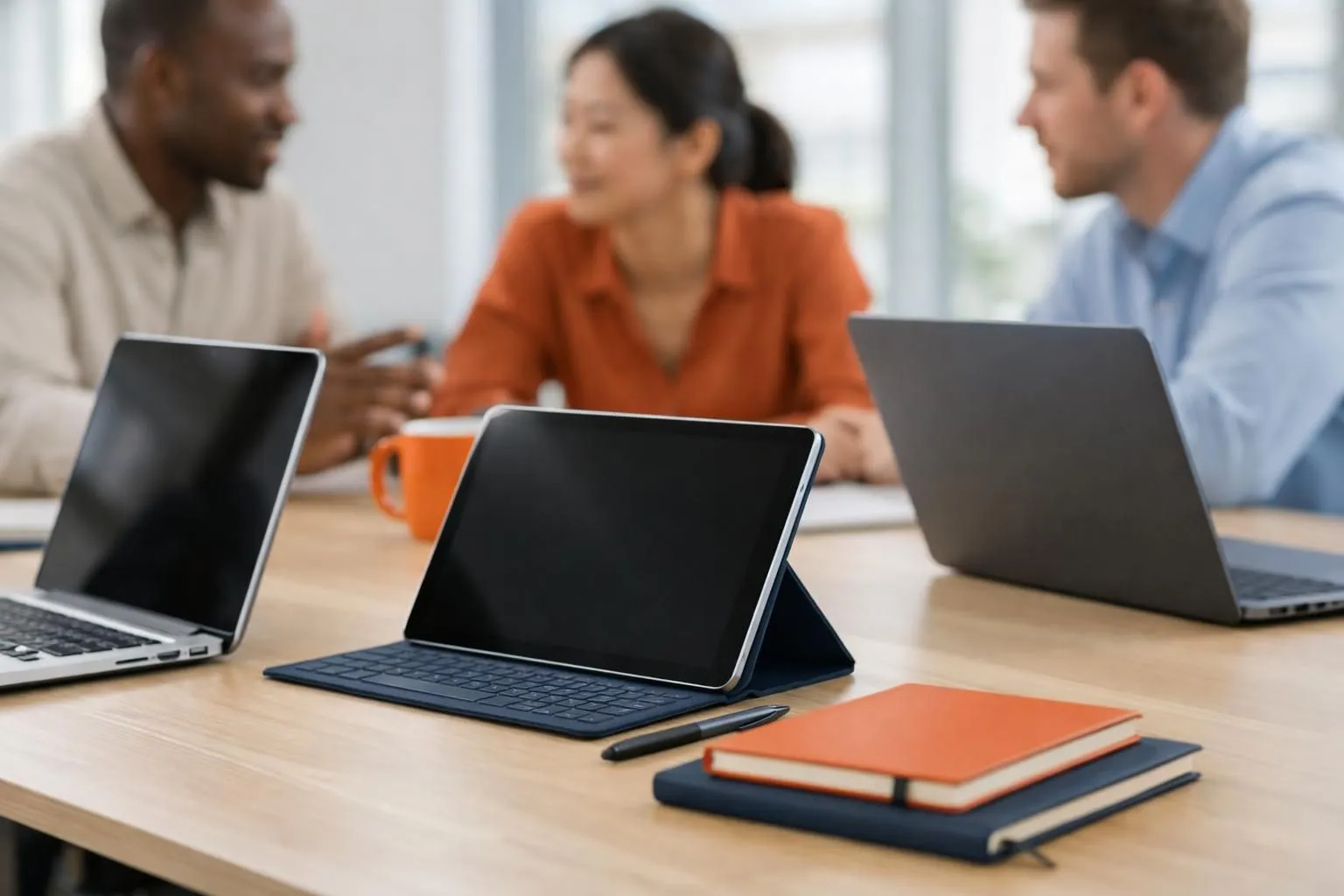 Team of diverse professionals reviewing content on laptops and tablets in modern collaborative workspace, discussing AI blog building tools and sharing user experiences, realistic office setting with natural lighting