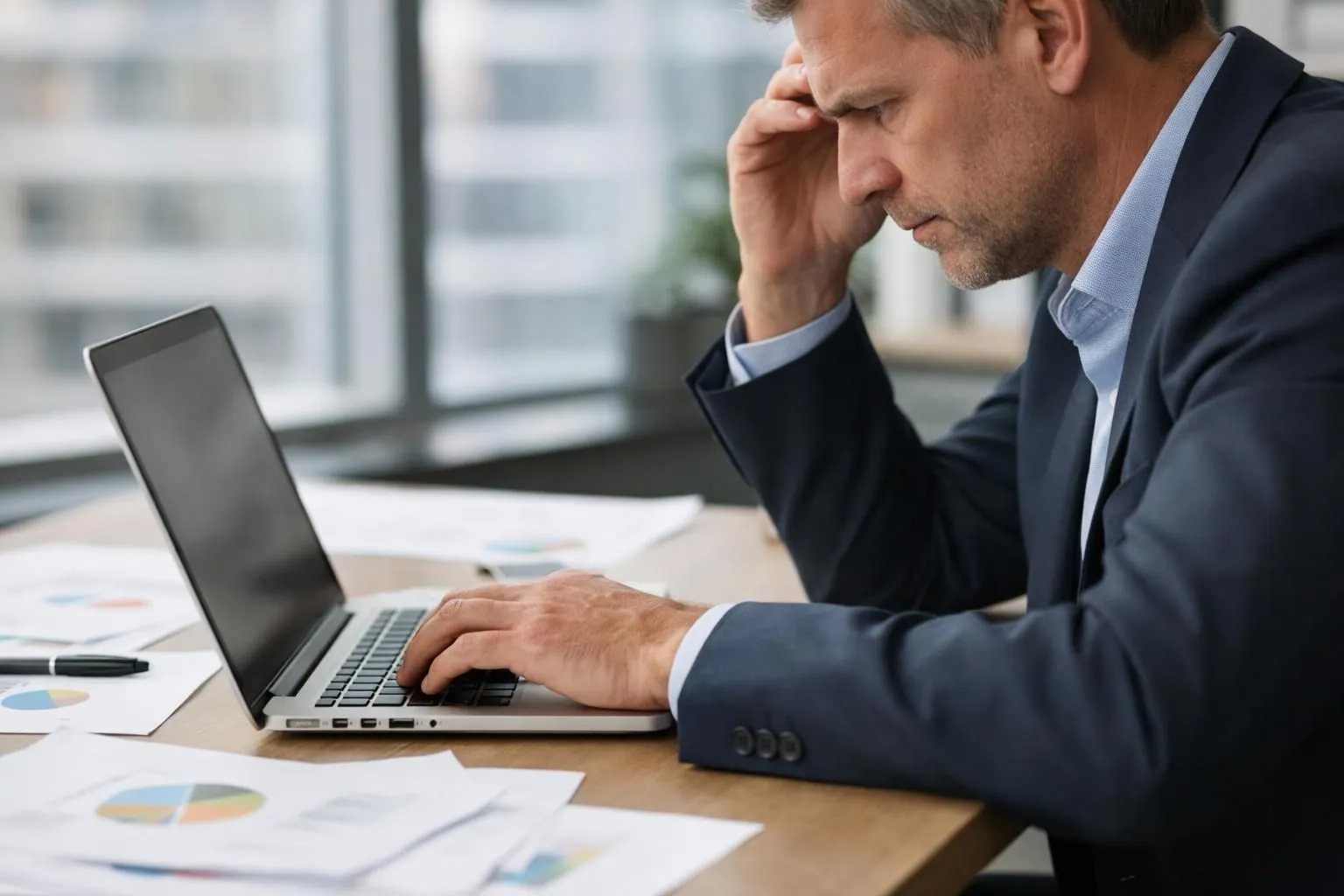 Business professional at desk reviewing laptop screen showing content analytics dashboard with disappointed expression, papers scattered around, charts visible on screen showing performance gaps, realistic office environment with window light