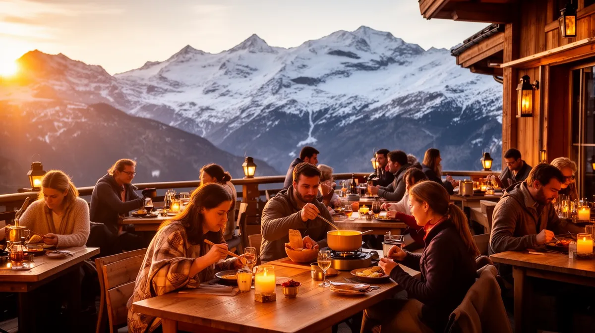 Cozy mountain lodge, guests dining with snowy peaks backdrop.