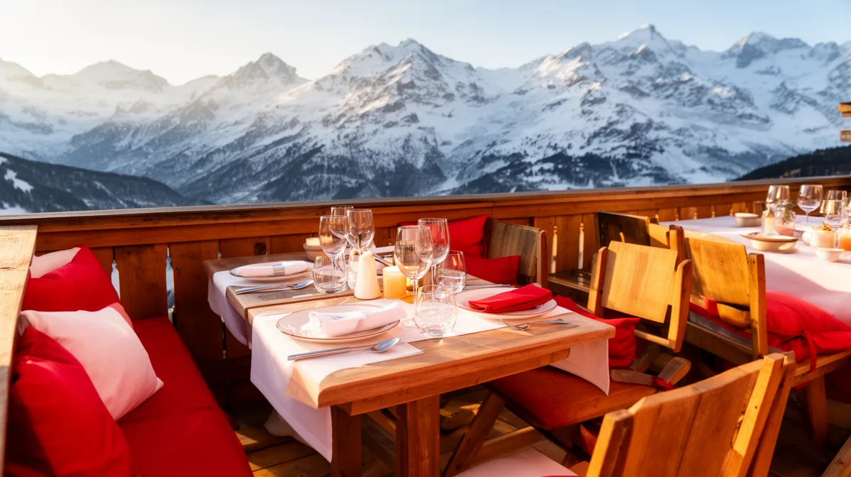Cozy mountain restaurant with snowy peaks in the background.
