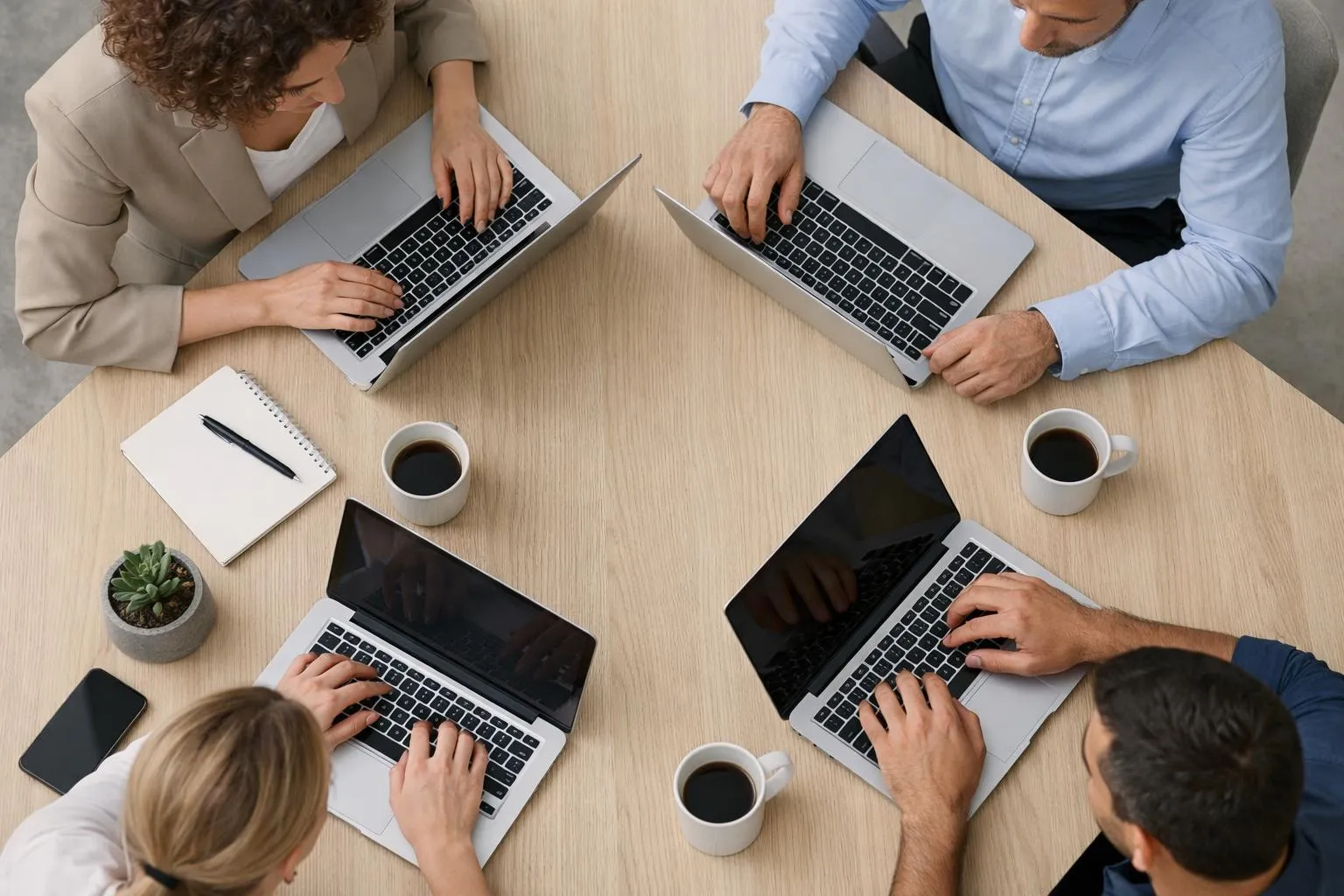 Modern entrepreneurs and business professionals collaborating around laptops displaying AI website building interfaces with digital wireframes and drag-and-drop elements in bright contemporary office space, showing real-time website creation workflow without any text or labels visible