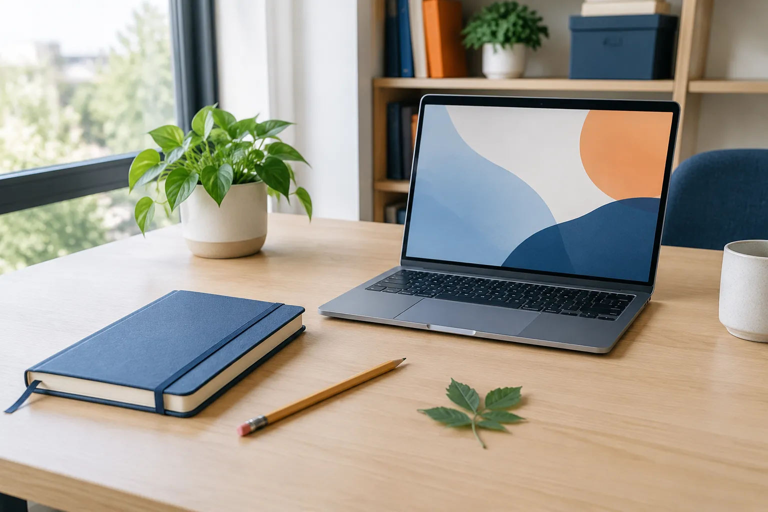 Laptop, notebook, pencil, plant, and coffee on desk