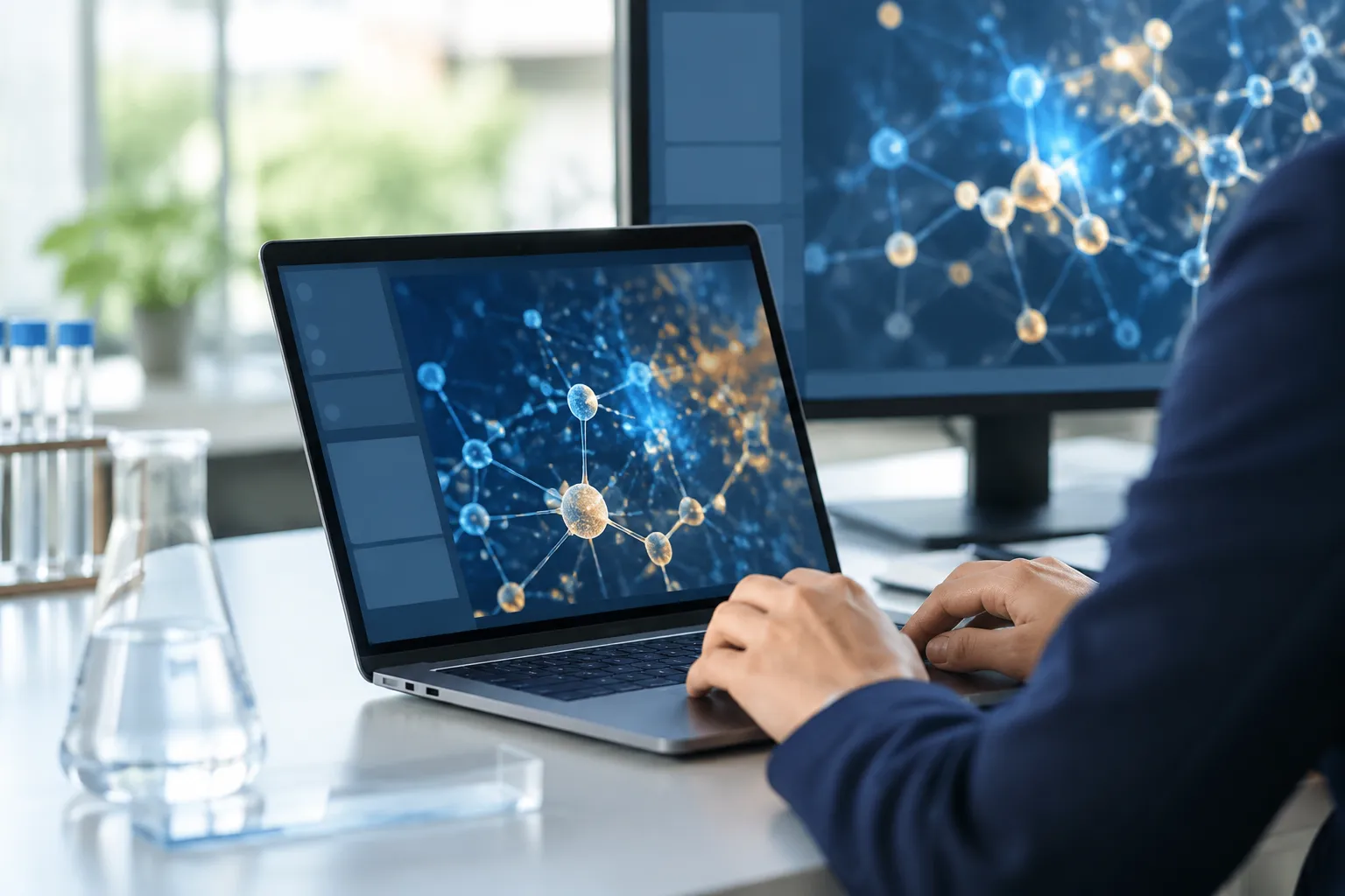 Scientist using laptop displaying molecular network visualization in laboratory