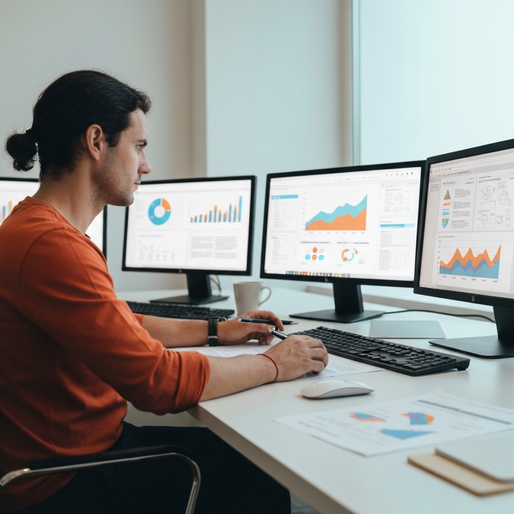 Professional digital marketer working at dual monitor setup analyzing colorful SEO performance graphs and keyword rankings data with laptop showing analytics dashboard in modern minimalist office workspace