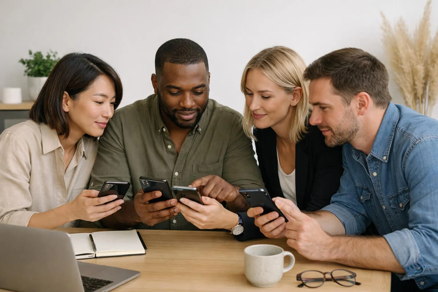 Diverse group of people collaborating on smartphones in a casual setting.