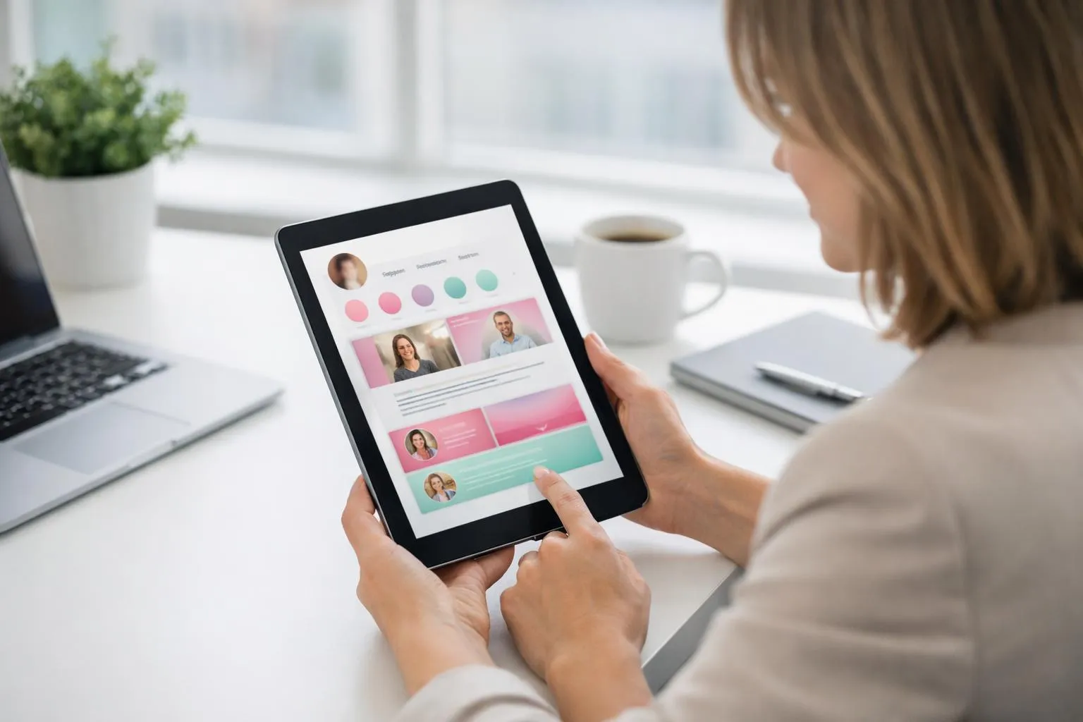 Woman using tablet with colorful social media interface.