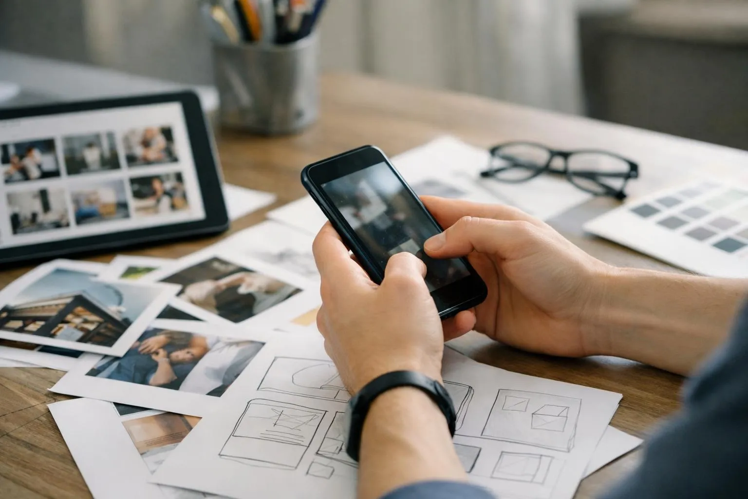 Hands holding a smartphone, surrounded by sketches and photographs.